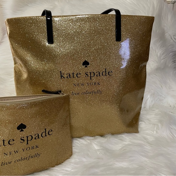 Kate Spade large gold glitter tote bag with matching pouch